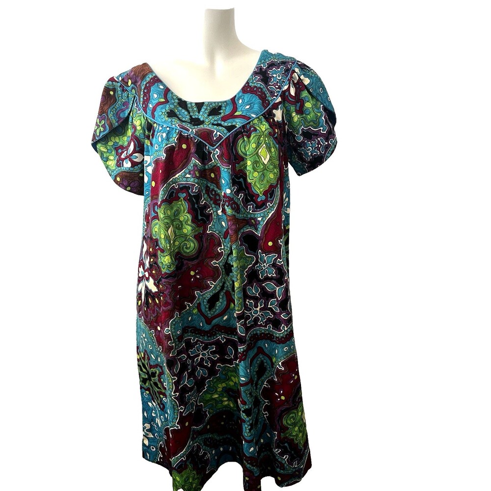 Vintage Alice Dress L Polynesian Tropical Hawaiian Mumu Aloha Artsy Funky Blue